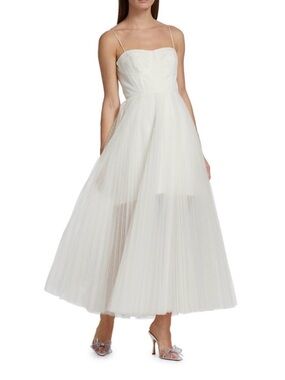 Monique Lhuillier white Pleated Tulle Midi-Dress in size 2